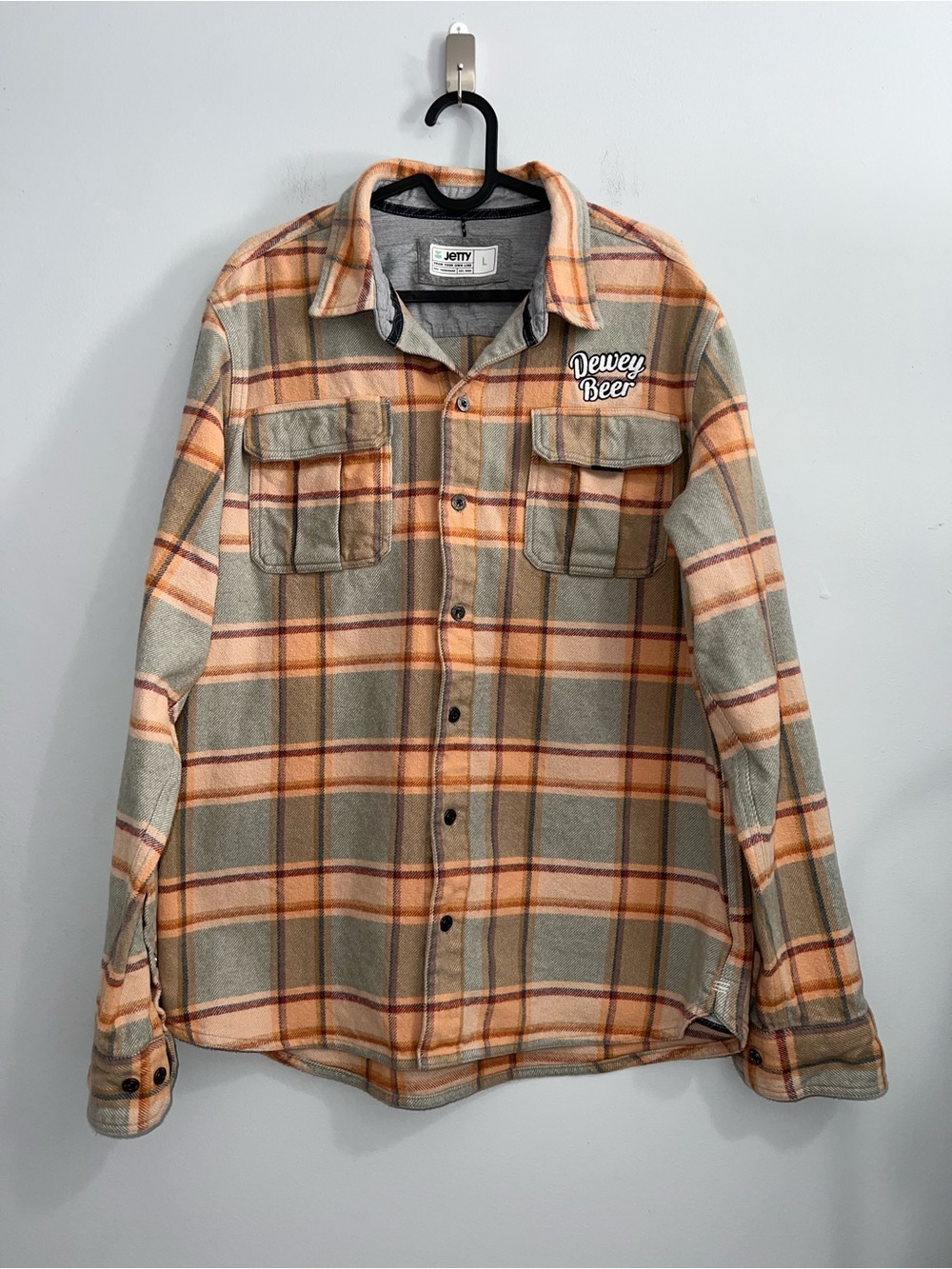 Jetty x Dewey Beer Arbor Flannel Shacket L Plaid Heavyweight Cotton Embroidered